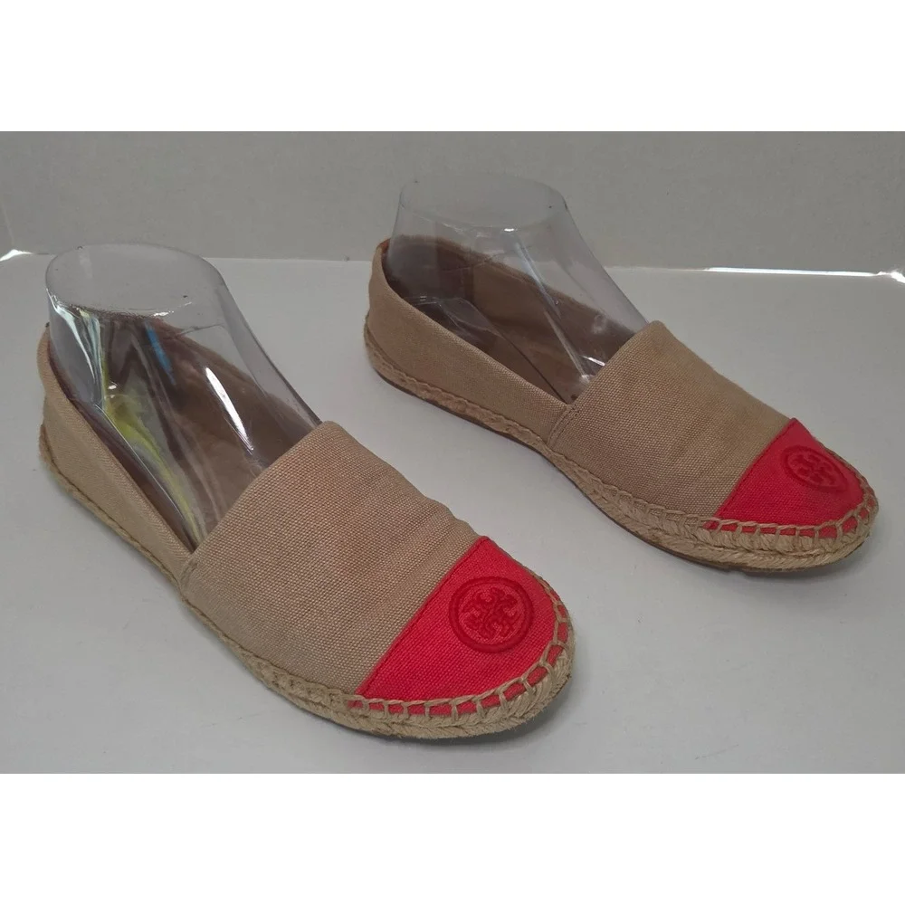Tory Burch Color-Block Canvas Espadrilles Tan Red Logo Flats 7.5M Boho Chic
